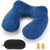 A deep blue inflatable travel pillow with a soft velvet cover and an accompanying black storage pouch.