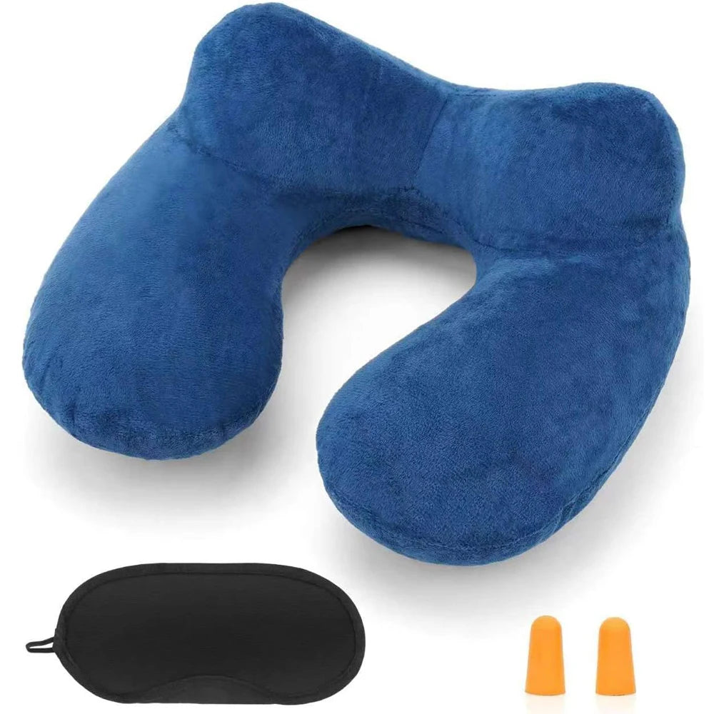 A deep blue inflatable travel pillow with a soft velvet cover and an accompanying black storage pouch.