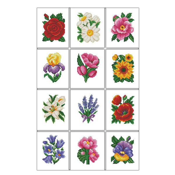 A grid of 12 diamond painting flowers featuring various colors and petals.