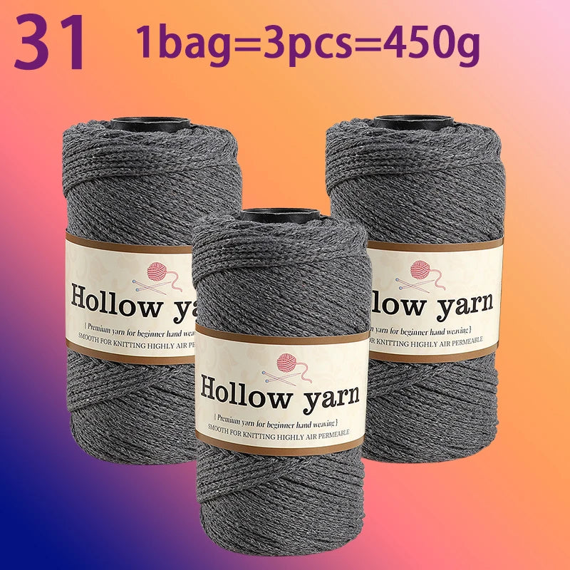 Three spools of Hollow yarn, 1 bag equals 3 pieces, totaling 450g for knitting and crochet.