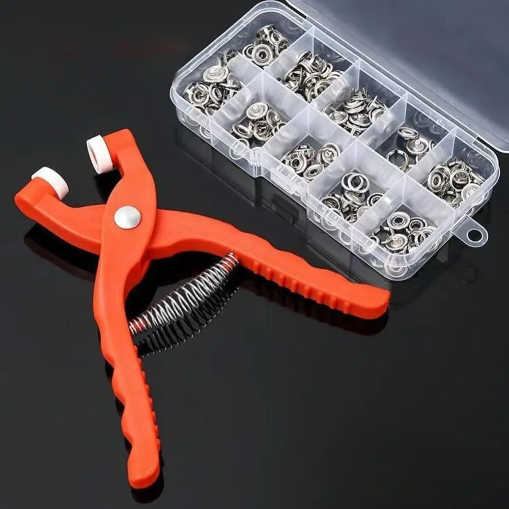 Orange crimping pliers with a crochet hook and a clear plastic case of metal fasteners