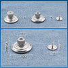 Three metal button pins shown in different configurations and sizes on a blue fabric background.