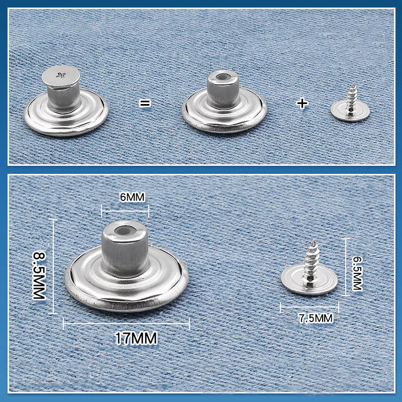 Three metal button pins shown in different configurations and sizes on a blue fabric background.