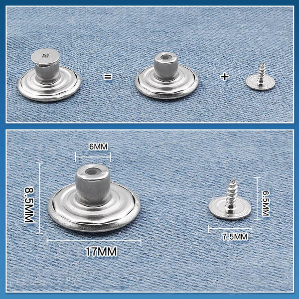 Three metal button pins shown in different configurations and sizes on a blue fabric background.