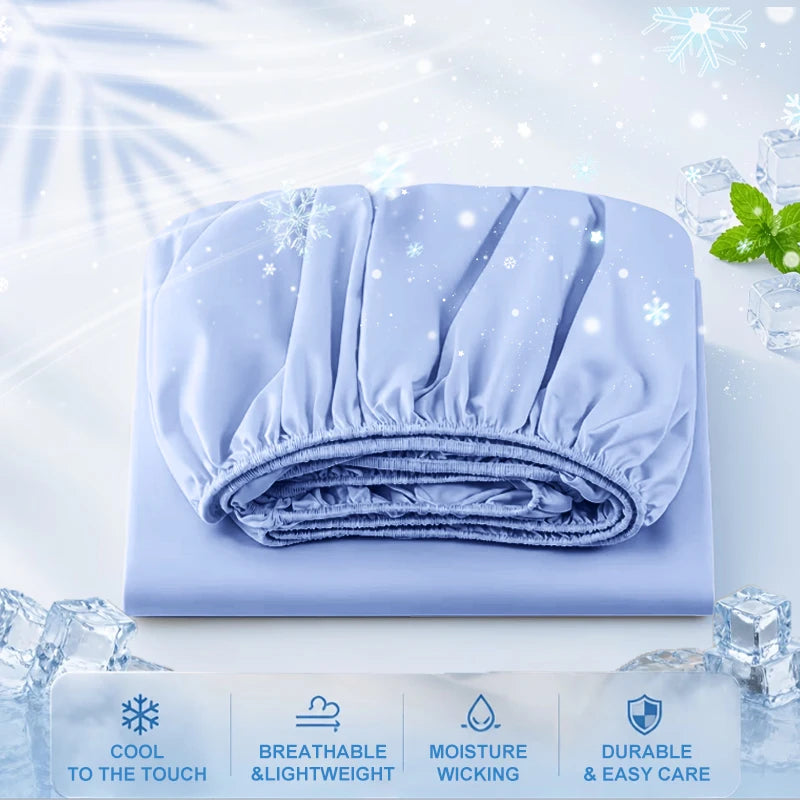 Light blue cooling fitted sheet folded on a white surface with ice crystals and care features displayed.