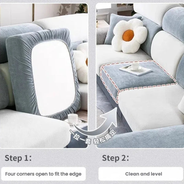Two steps showing how to fit and clean a universal elastic sofa cover with a full backrest
