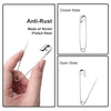 A safety pin is shown in both closed and open states, made of nickel-plated steel.