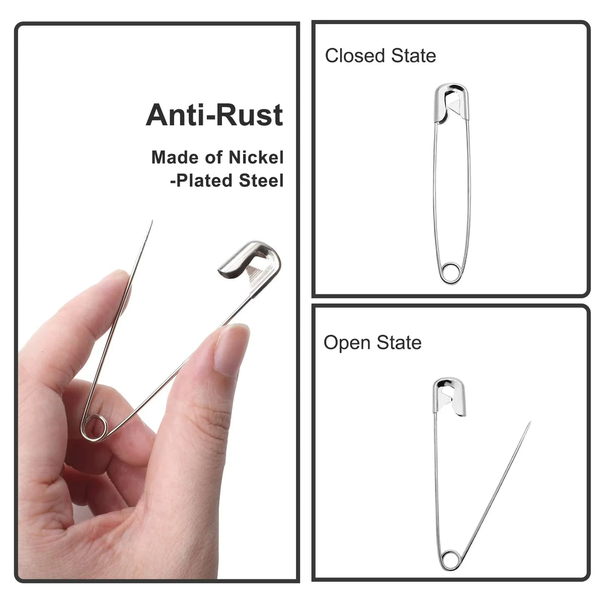 A safety pin is shown in both closed and open states, made of nickel-plated steel.
