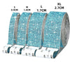 Rolls of self-adhesive crystal rhinestone ribbon in sizes S, M, L, and XL with corresponding measurements.