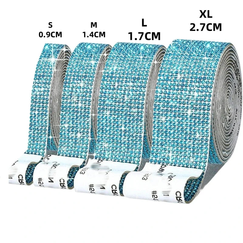 Rolls of self-adhesive crystal rhinestone ribbon in sizes S, M, L, and XL with corresponding measurements.