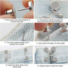 Instructions showing how to use adjustable button pins to remove a nail, expose a needle, and secure the fabric.