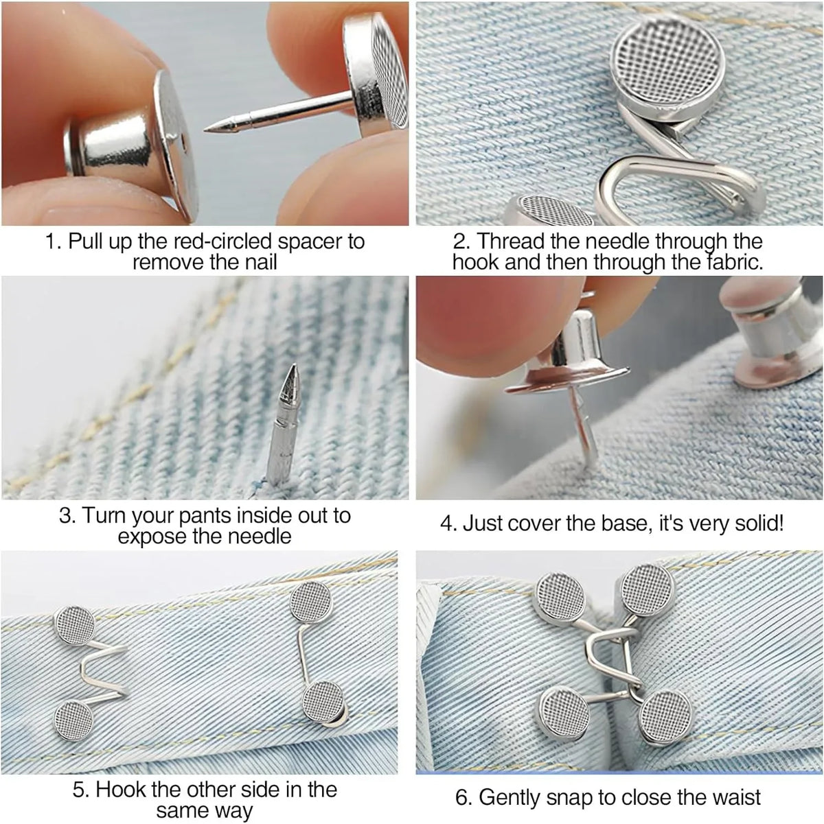 Instructions showing how to use adjustable button pins to remove a nail, expose a needle, and secure the fabric.