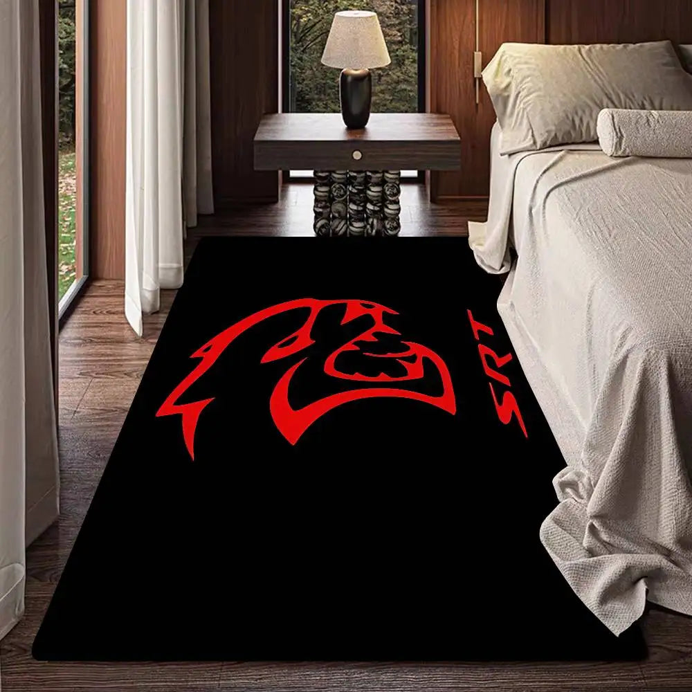 A black anti-slip door mat featuring a red Nordic style logo on a wooden floor.