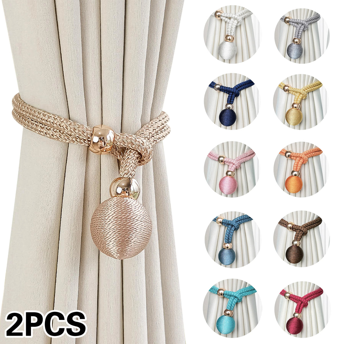 Two sets of adjustable French ball curtain tiebacks in various colors and finishes shown against a light fabric backdrop.