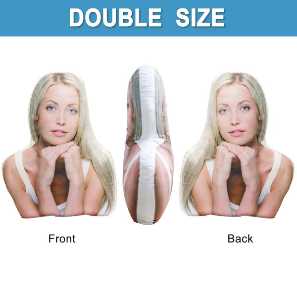 Front and back views of a double-size photo pillow with long blonde hair