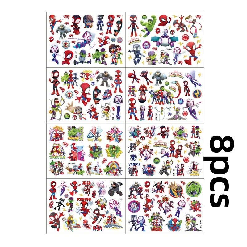 A grid of various Spidey and His Amazing Friends characters for temporary party tattoos