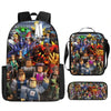 A black backpack featuring a collage of various pop culture characters and retro cartoon elements.