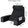 Black ergonomic back support pillow with armrests shown from the side.