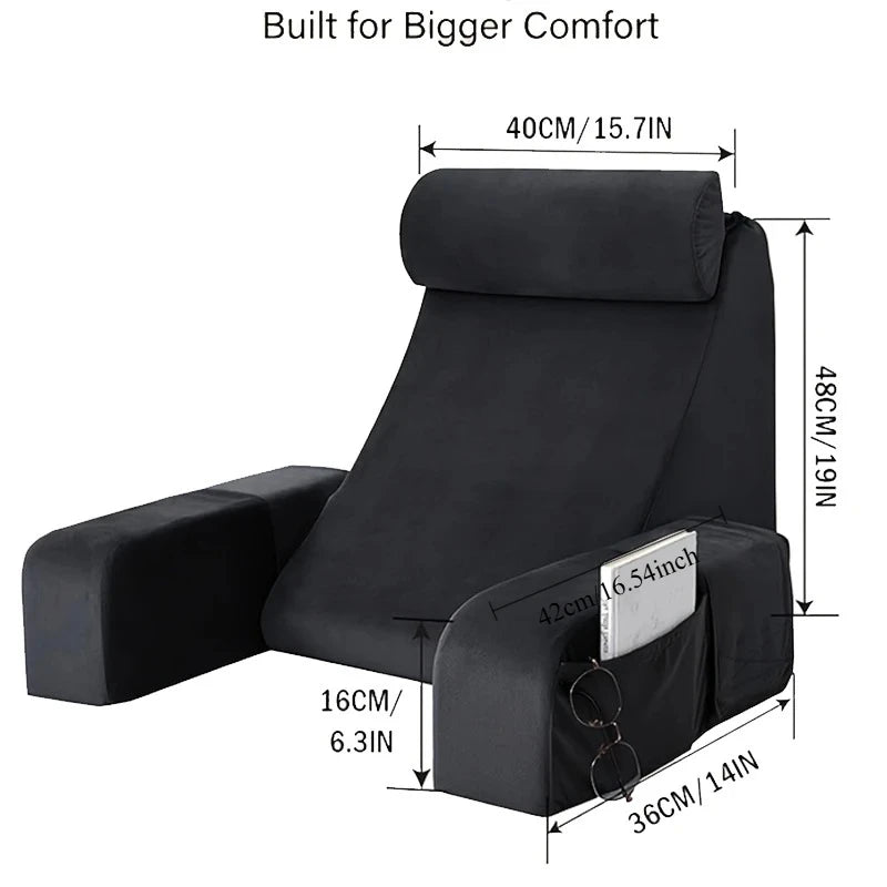 Black ergonomic back support pillow with armrests shown from the side.
