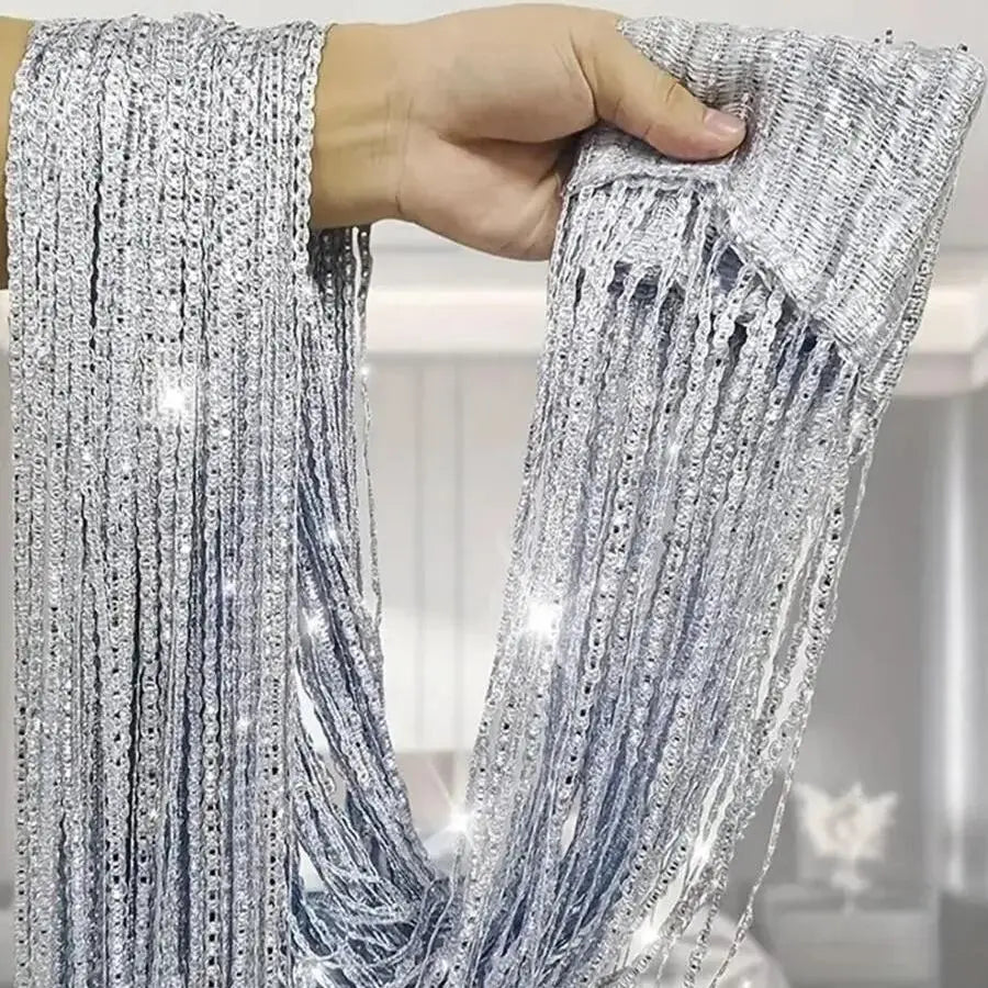 Close-up of silver beaded string curtains being held, showing the texture and hanging strands.