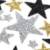 A collection of various glitter rhinestone star-shaped iron-on patches in gold, silver, and black.