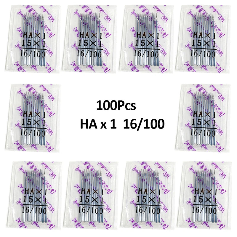 A set of high-strength sewing machine needles packaged in clear plastic sleeves, showing various sizes and counts.