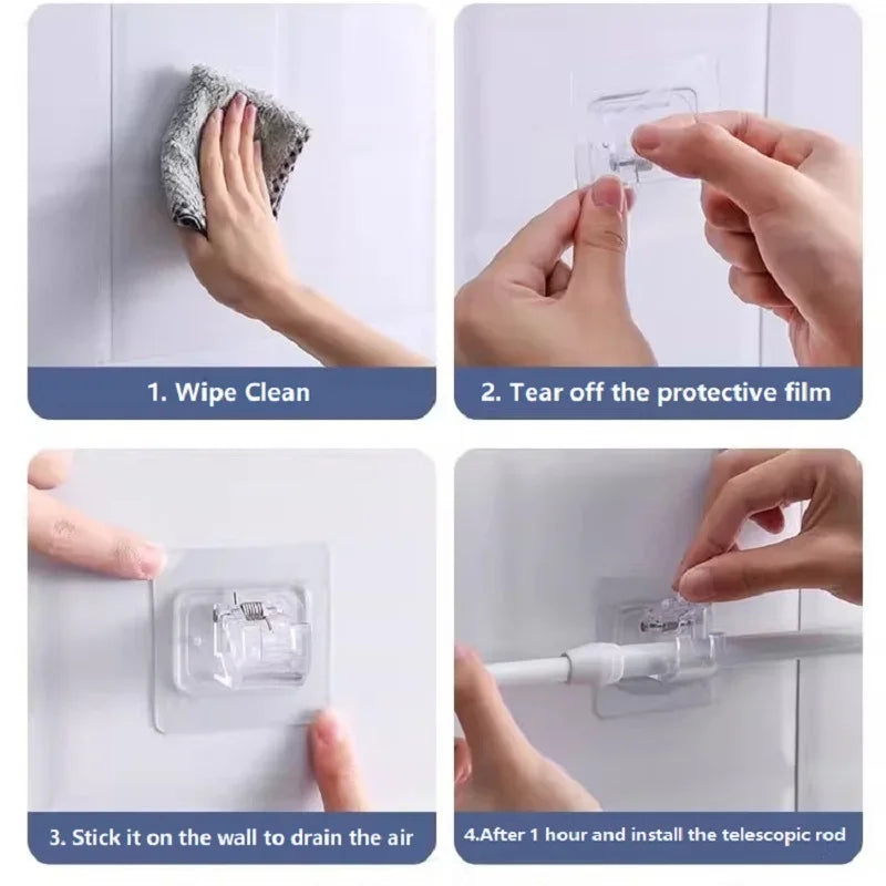Instructions showing how to install non-drill curtain rod brackets on a wall by wiping, tearing film, and installing the rod.