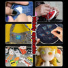 A collection of handmade items including a denim patch, a red shoe detail, a jean pocket, and various fabric crafts.