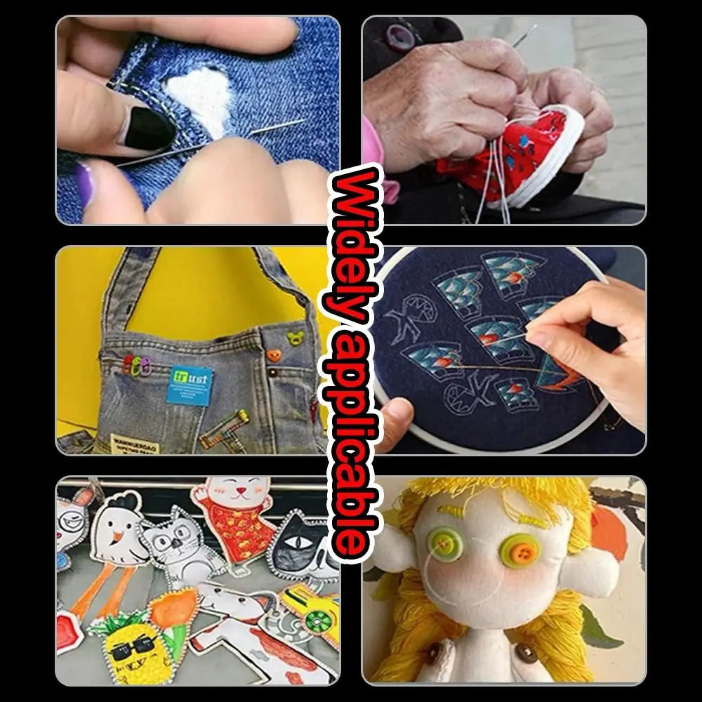 A collection of handmade items including a denim patch, a red shoe detail, a jean pocket, and various fabric crafts.