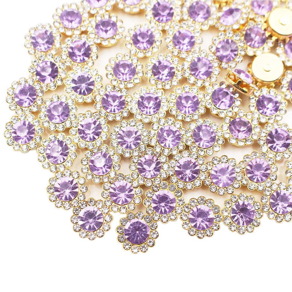 Close-up of gold-toned sunflower crystal rhinestone sew-on buttons arranged in a floral pattern.
