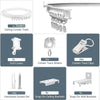 A set of curtain track hardware including end covers, gliders, clips, and brackets for ceiling or wall mounting.