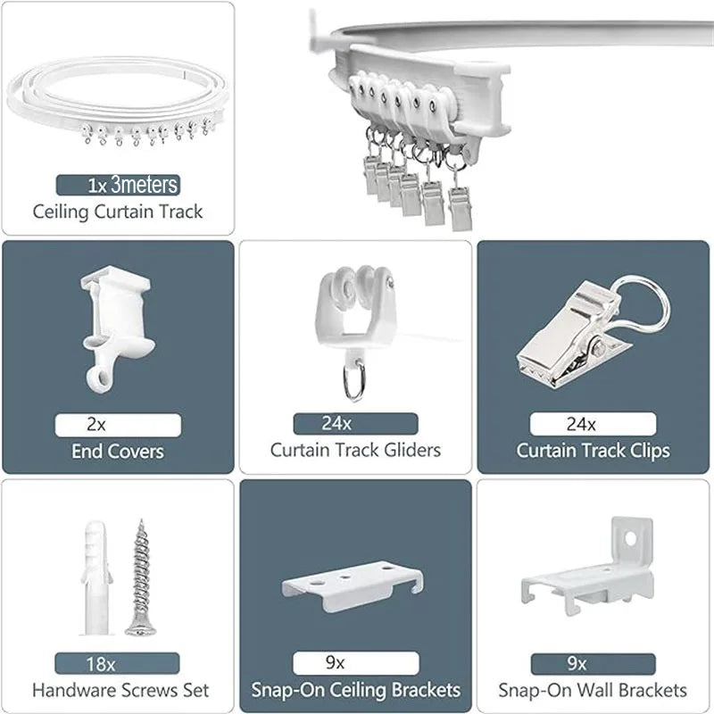A set of curtain track hardware including end covers, gliders, clips, and brackets for ceiling or wall mounting.
