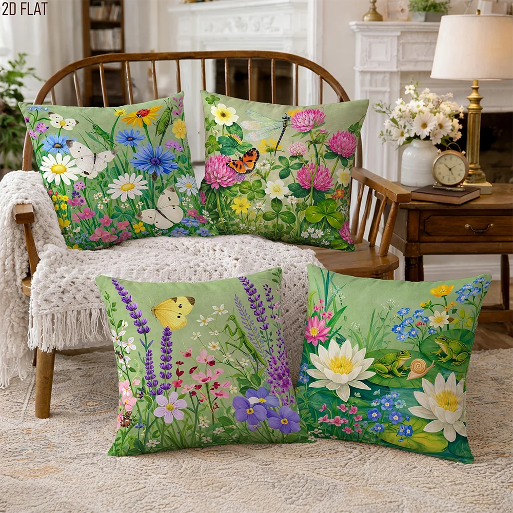 A collection of floral and butterfly patterned throw pillow covers displayed on a light-colored rug.