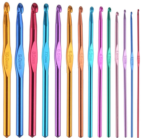 A set of precision aluminum crochet and knitting needles in various colors including gold, blue, pink, and green.