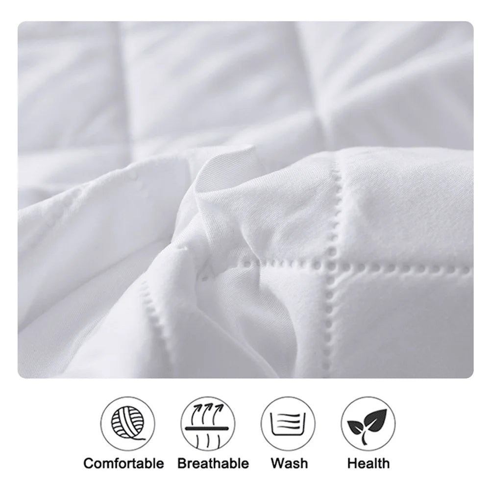 Close-up of a white waterproof mattress protector fitted sheet showing quilted texture and fabric details.
