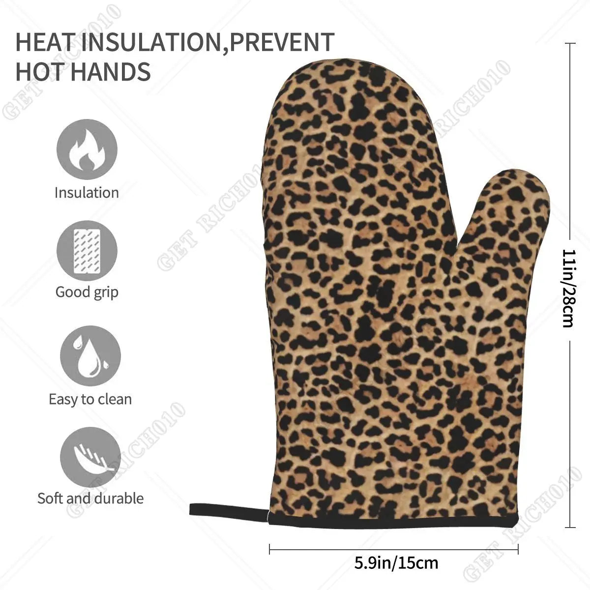 A pair of leopard print heat insulation gloves designed to prevent hot hands.