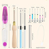 A precision punch needle kit showing various sizes of needles and a wooden handle with measurements.