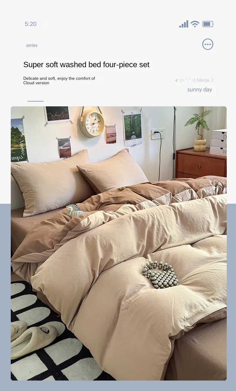 A close-up of a beige four-piece washed bed set featuring soft linens and pillows on a bed.