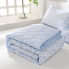 Light blue and white quilted bedding set with a floral pattern displayed on a bed.