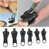 A set of black universal zipper repair kits for clothing and bags, showing various tools and components.