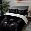 A black cat pattern quilt cover set featuring realistic feline faces on a dark background.