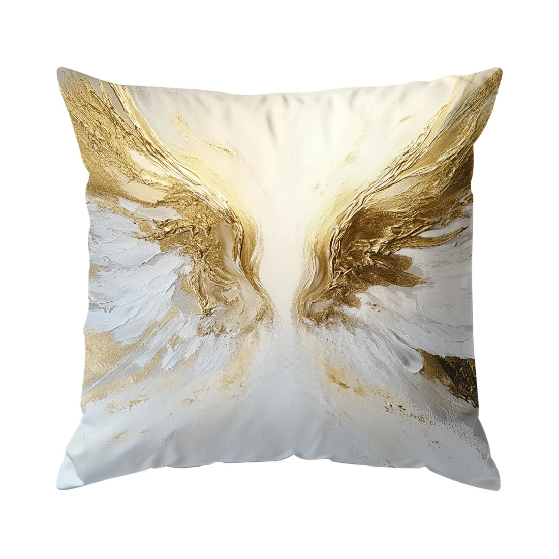 Decorative throw pillow cover featuring a design of golden, textured wings on a white background.