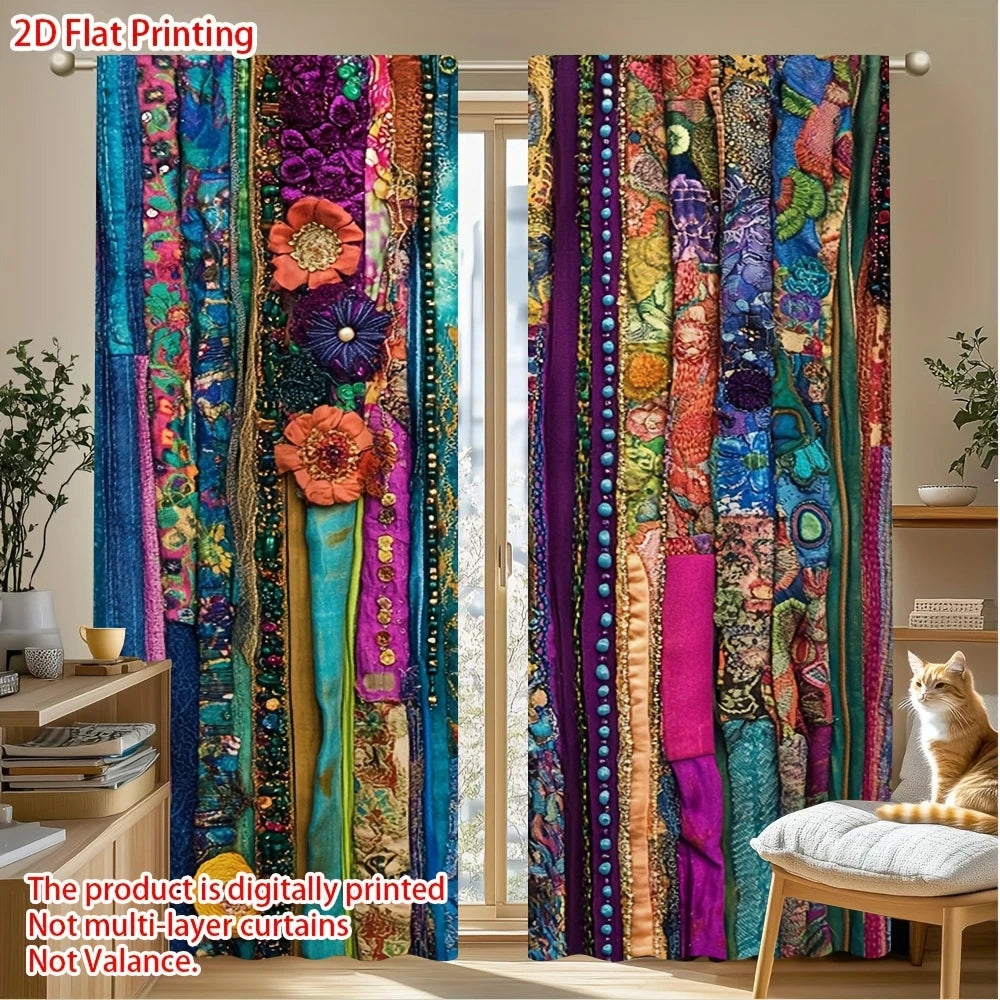 A set of colorful digital print patchwork curtains featuring vibrant floral and abstract patterns.