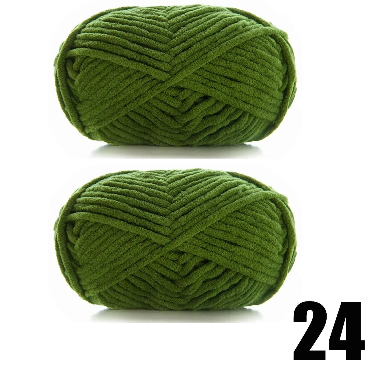 A ball of thick, moss green velvet yarn, tightly twisted and textured.