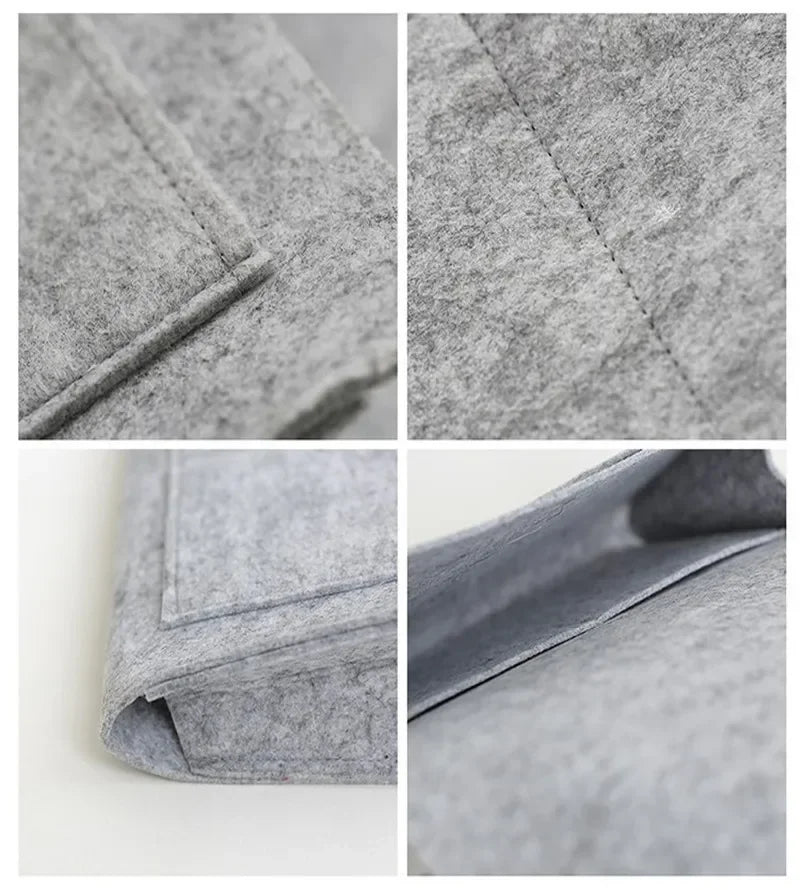 Close-up shots of a gray felt bedside storage organizer with a hanging pocket.