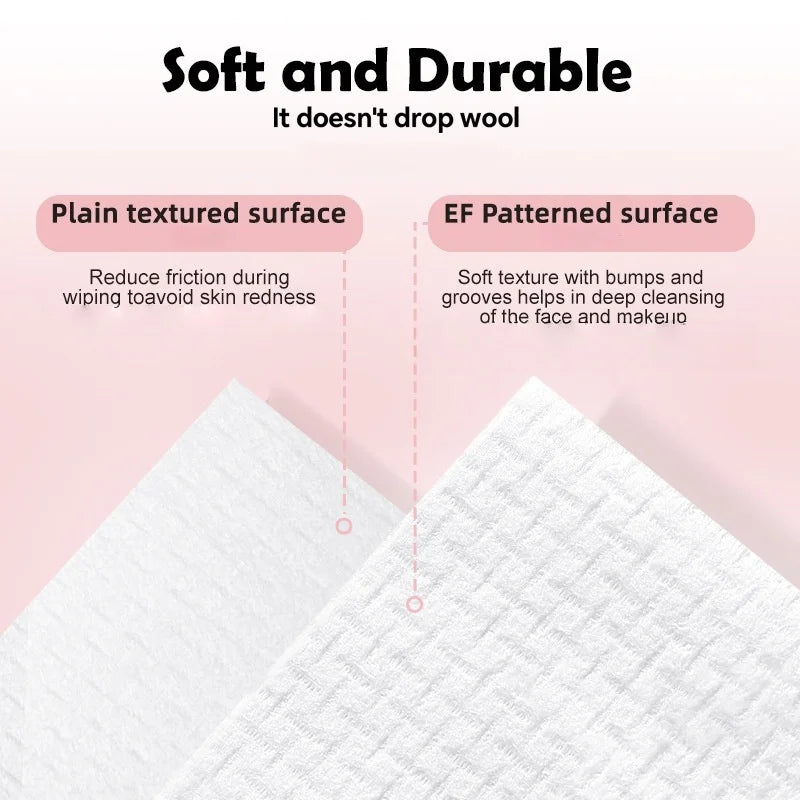 White disposable compressed fiber face towels showing plain textured and EF patterned surfaces