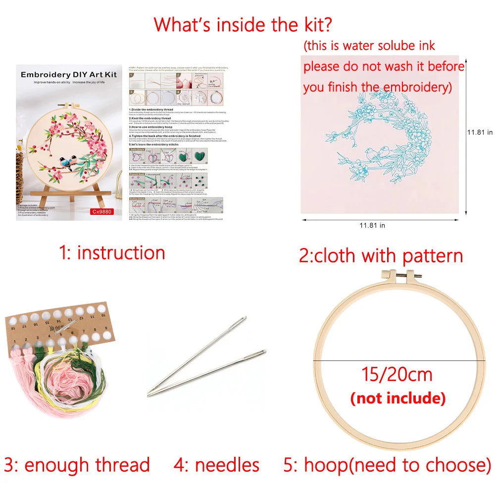 Embroidery DIY kit containing thread, needles, and a hoop for creating floral designs.