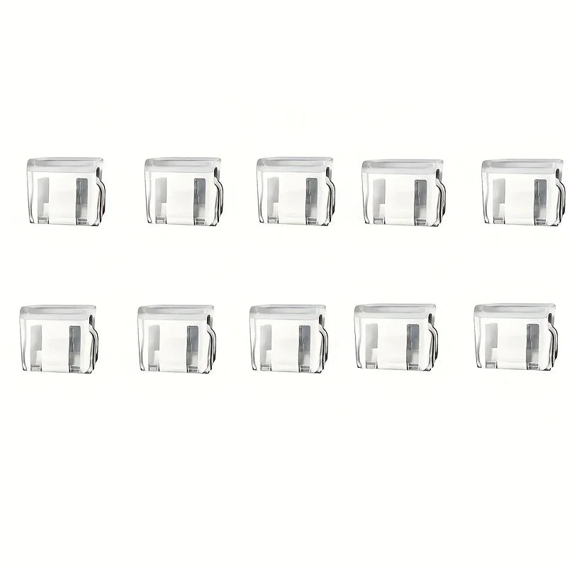 A set of twelve clear plastic invisible pants hem clips for non-slip length adjustment.