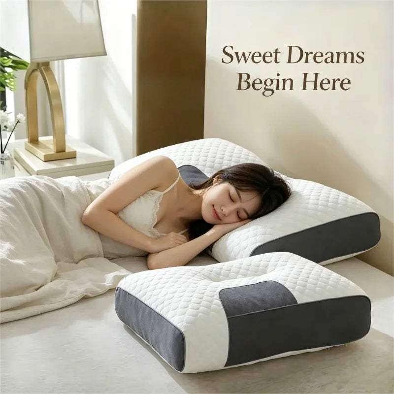 A woman is sleeping comfortably on a white massage neck pillow in a bright bedroom setting.