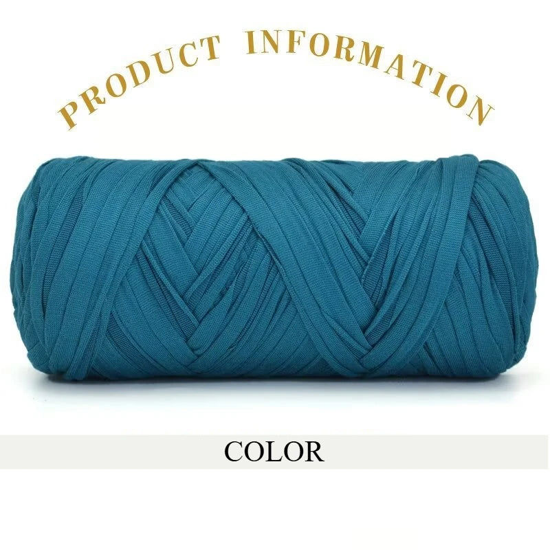 A skein of teal blue thick polyester blended yarn is shown rolled up.